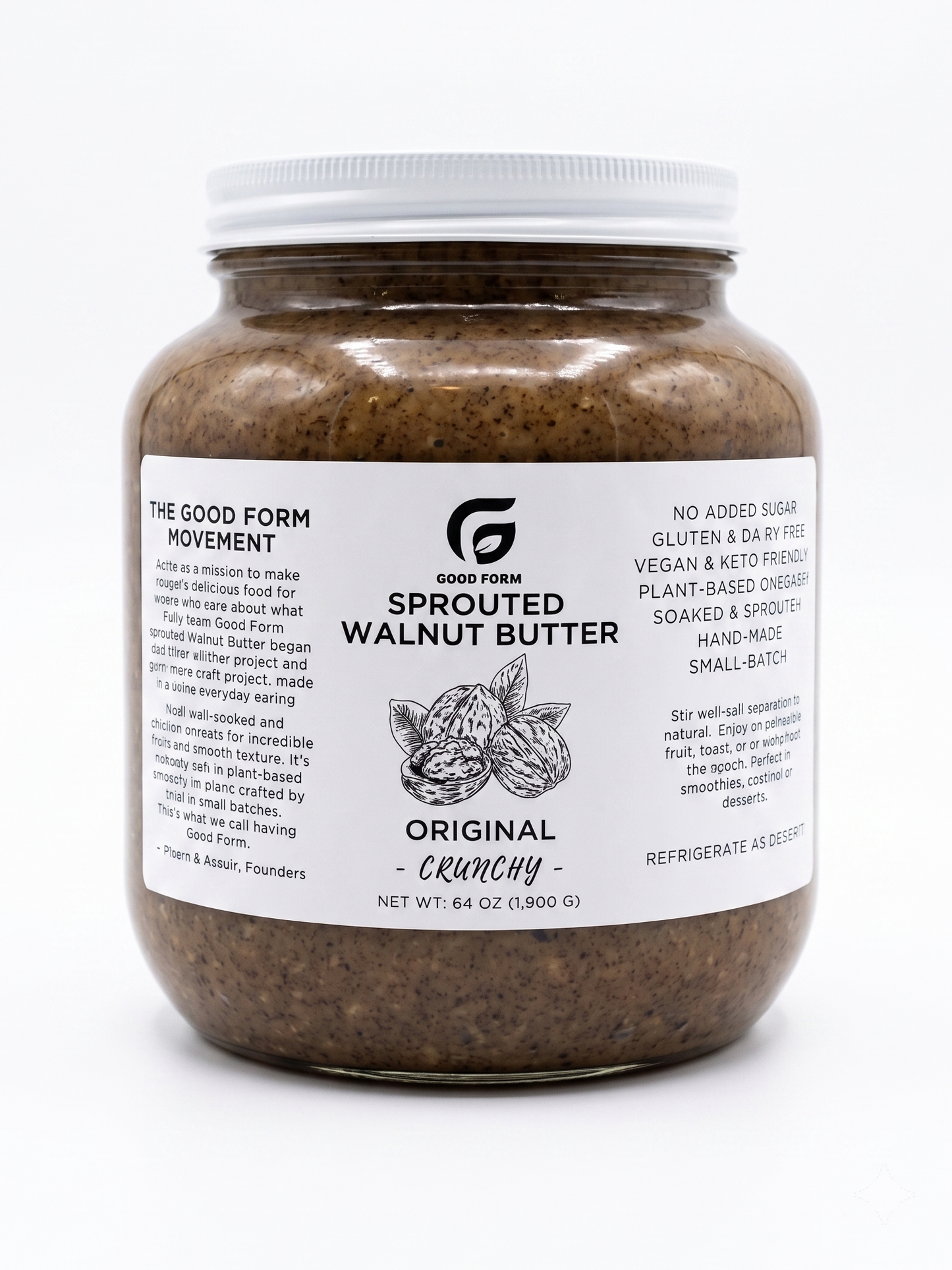 Good Form Foods Half Gallon Sprouted Walnut Butter jar on white background