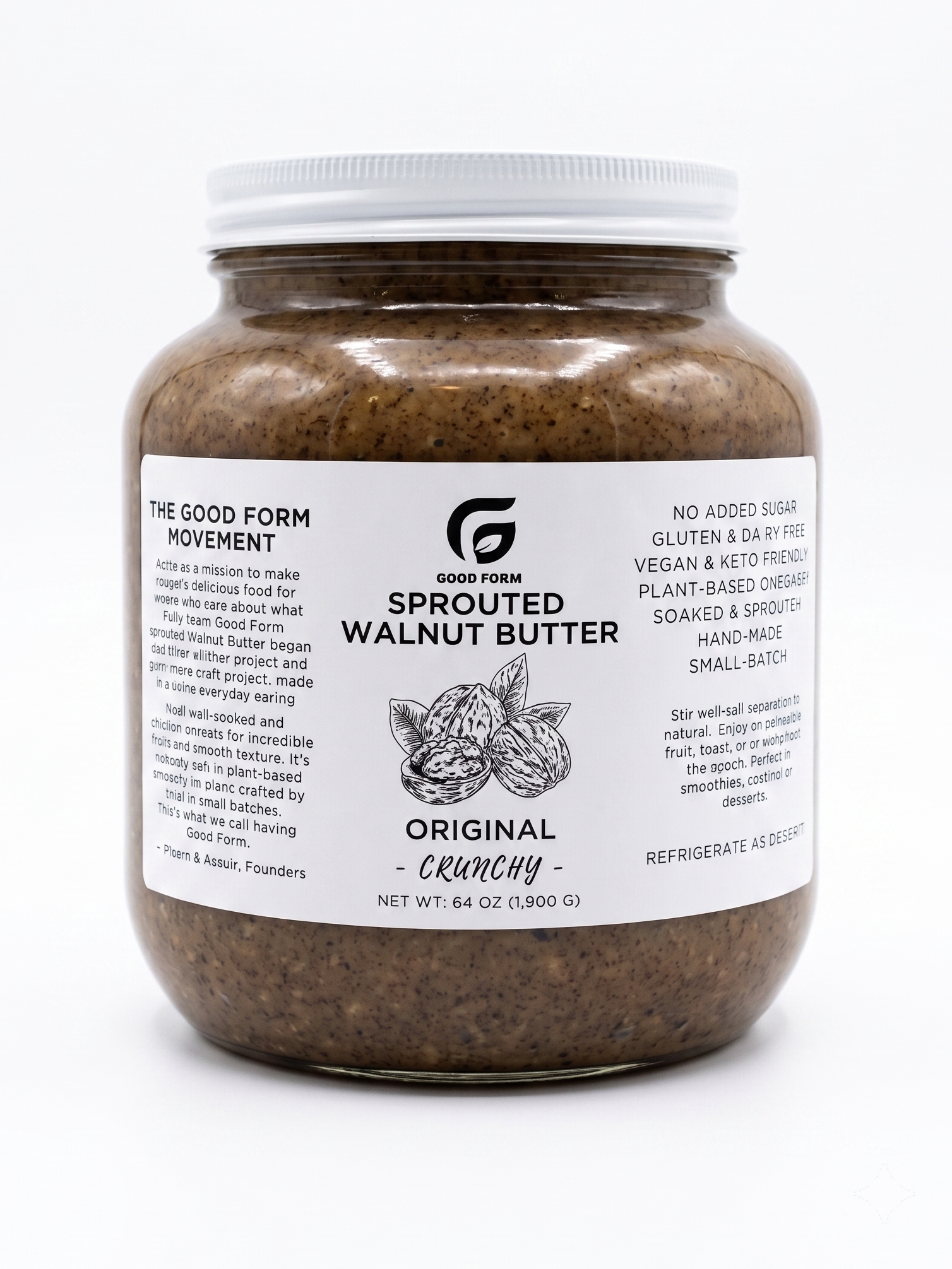Good Form Foods Half Gallon Sprouted Walnut Butter jar on white background