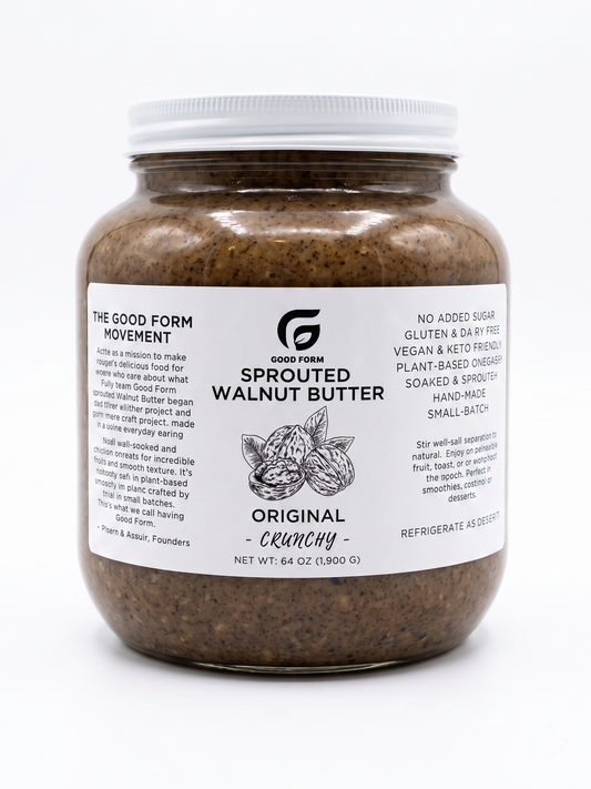 Good Form Foods Half Gallon Sprouted Walnut Butter jar on white background