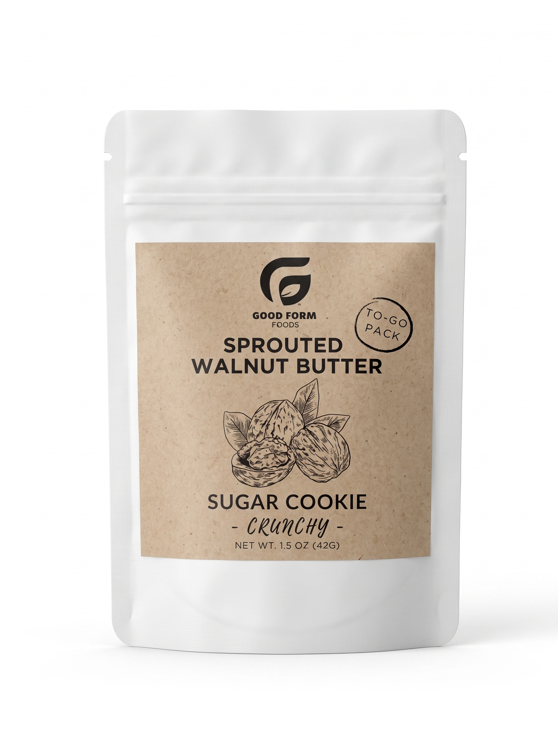 Good Form Sprouted Walnut Butter To-Go Sugar Cookie packaging with a white background