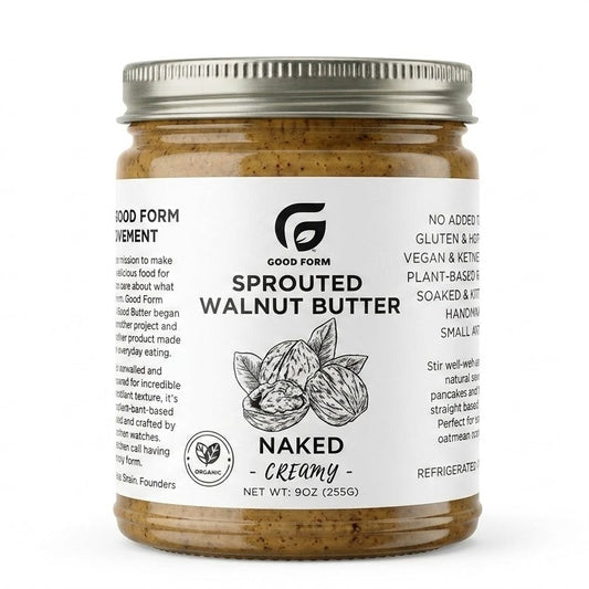 Jar of Good Form Foods Organic Naked Sprouted Walnut Butter, Creamy, with a silver lid on a white background