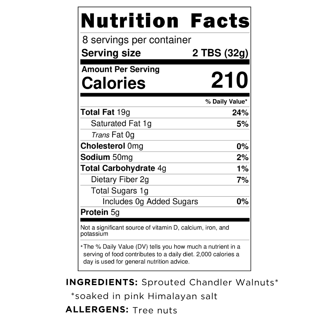 Nutrition facts label for a Naked Sprouted Walnut Butter with serving size, calories, and ingredient details.