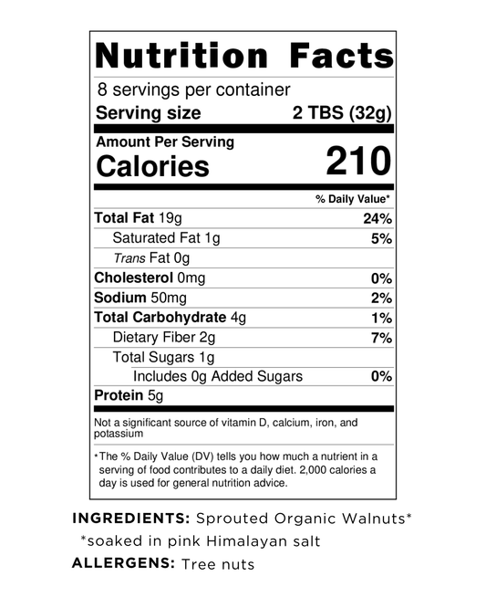 Nutrition facts label for Good Form Foods Organic Naked Sprouted Walnut Butter